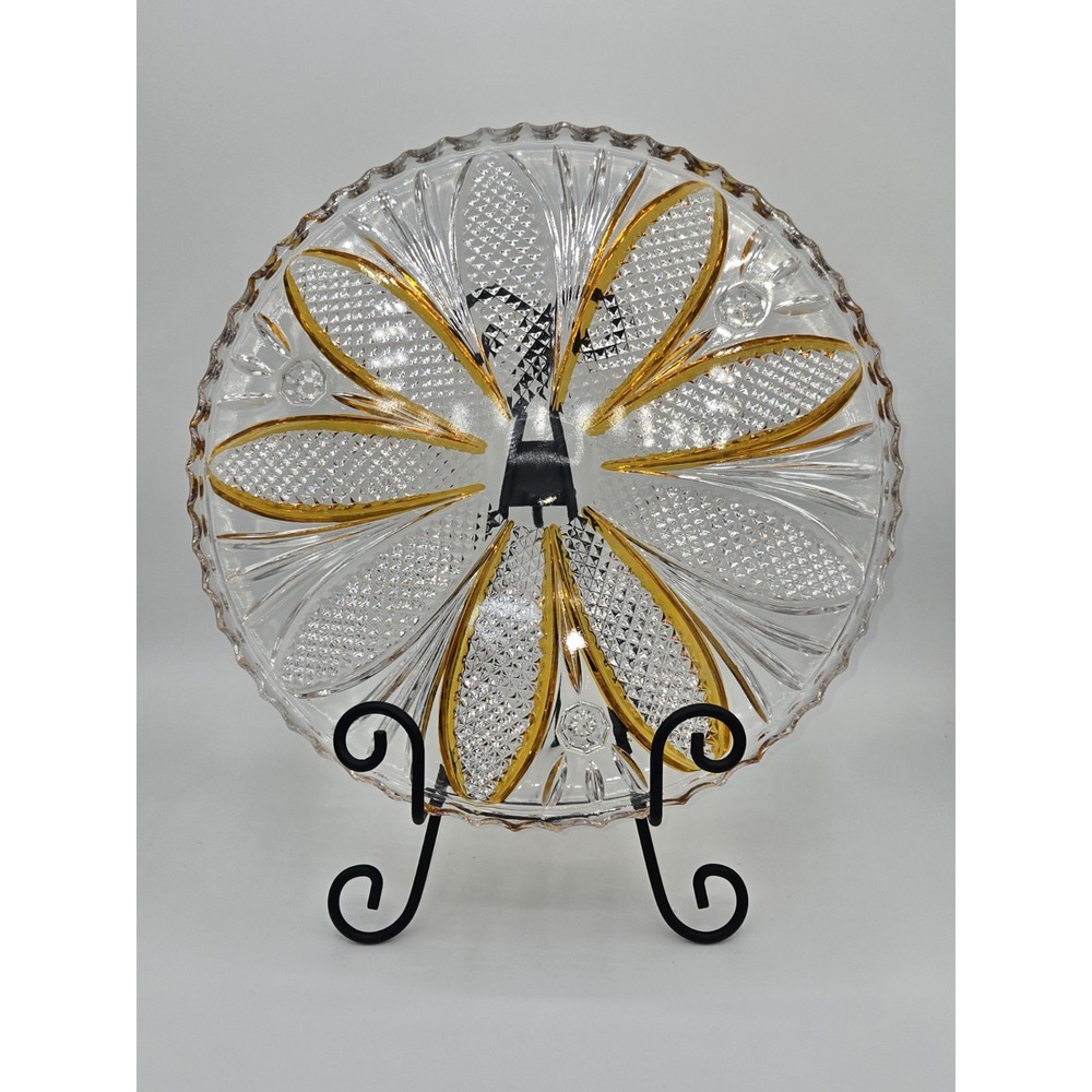 Bohemian Crystal Diamond Cut Footed Cake Plate Orange & Clear‎ Vintage